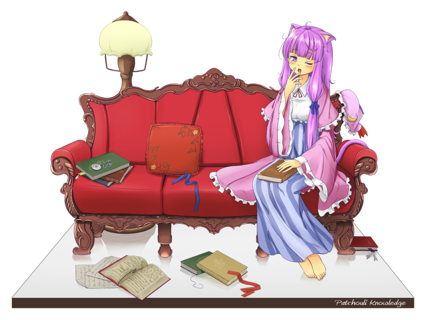 animal_ears, barefoot, book, bookshelf, cat_ears, cat_tail, couch, crescent