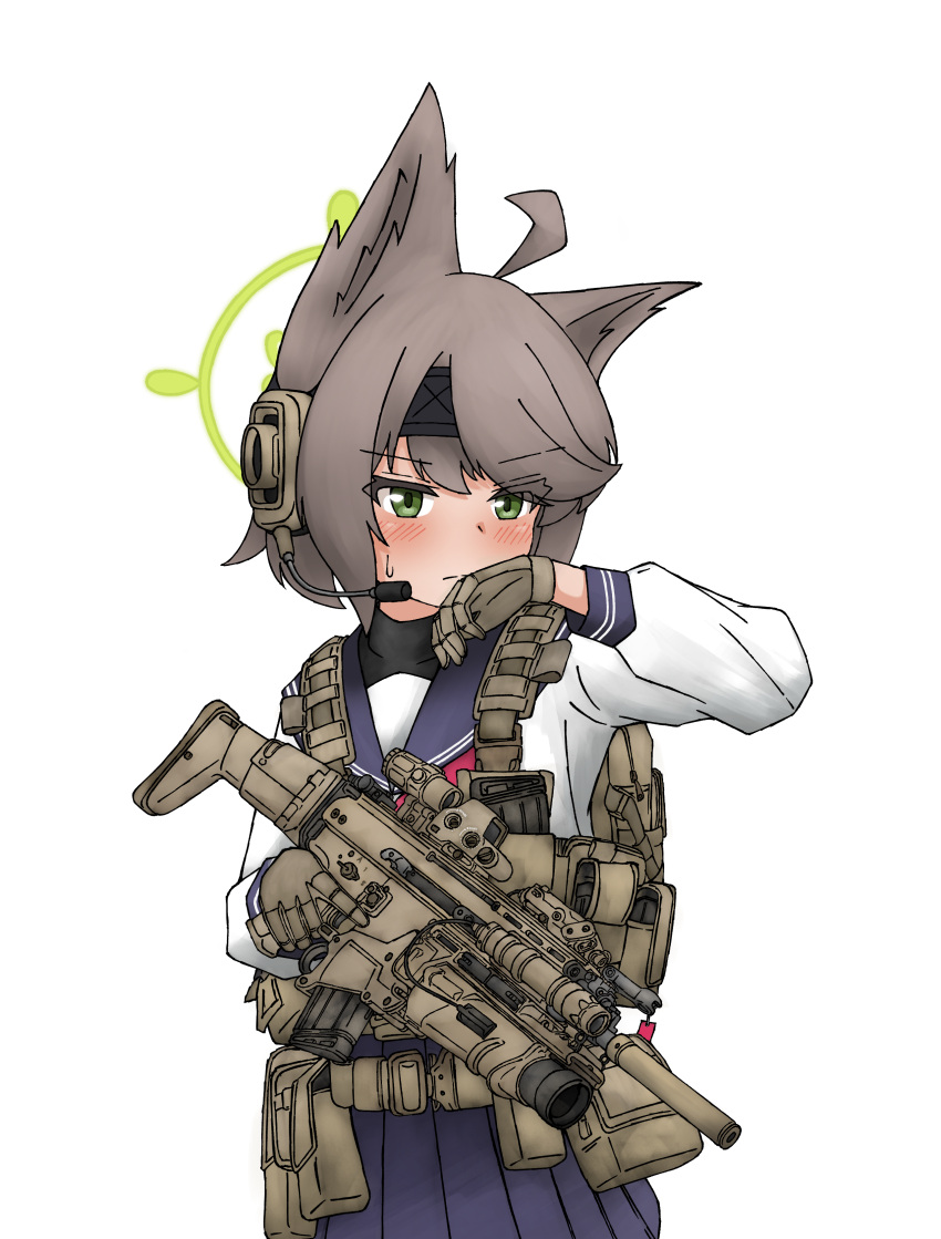 1girl, absurdres, ammunition_pouch, animal_ear_fluff, animal_ears, assault_rifle, belt, blue_archive