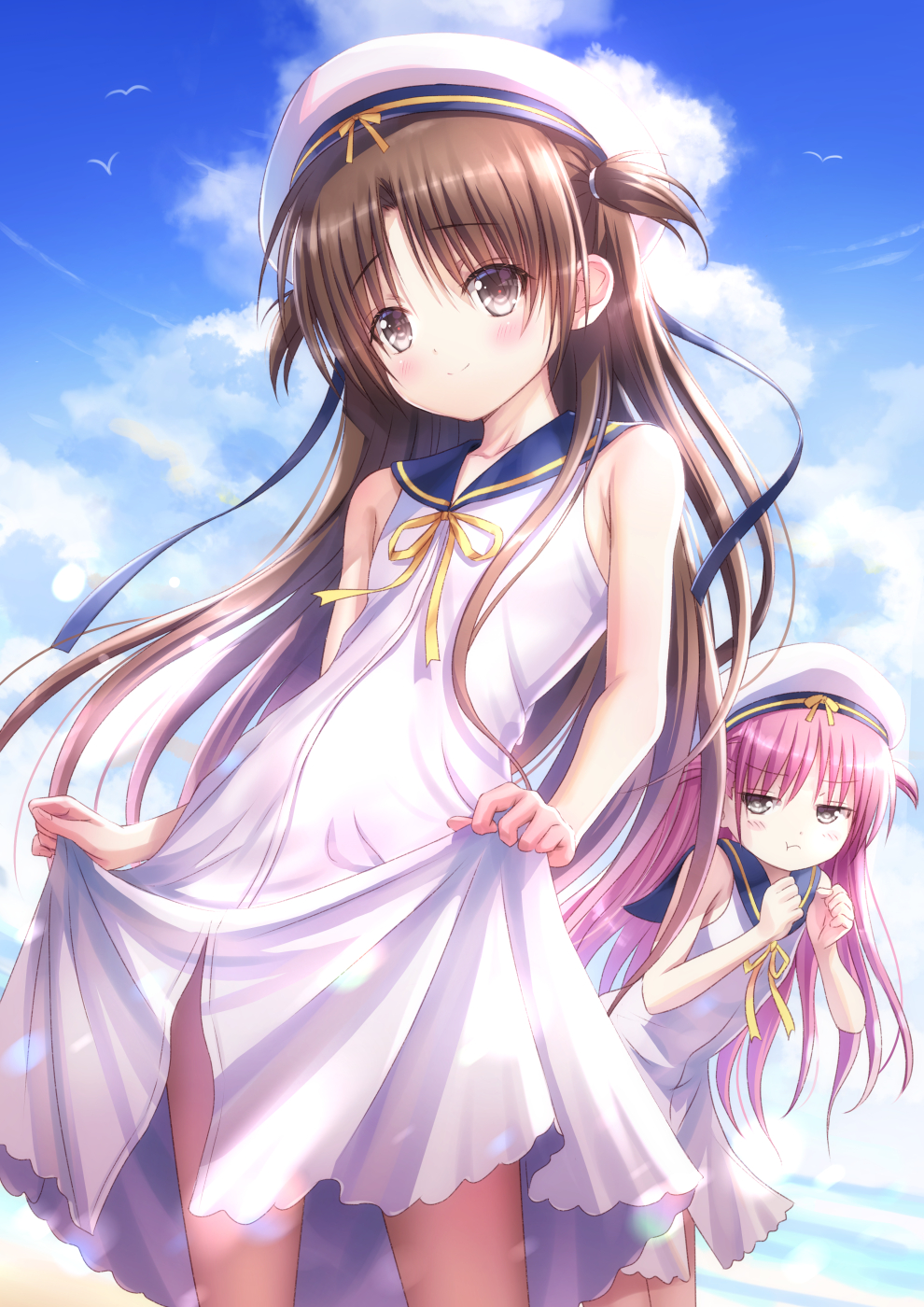 1boy, 1girl, :t, armpit_crease, bird, blue_sailor_collar, blue_sky, blush