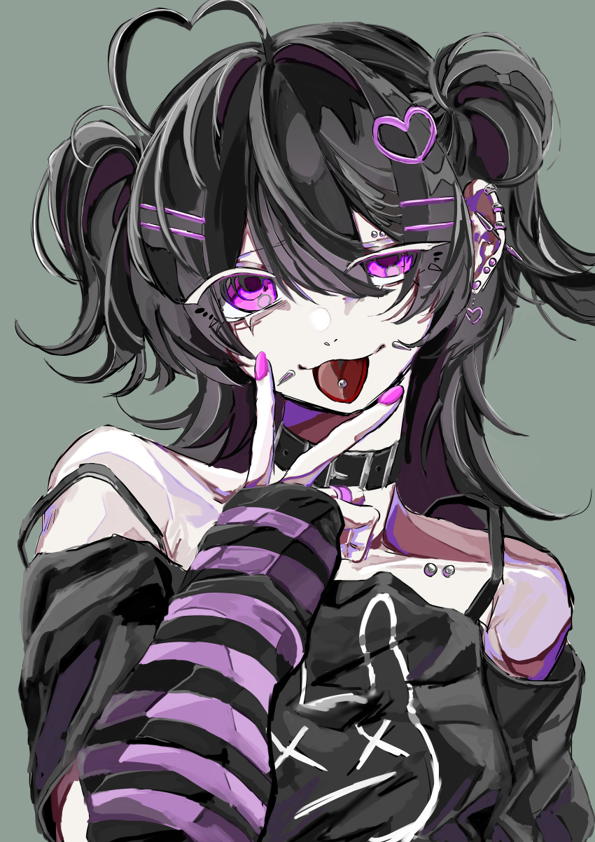 1girl, :p, absurdres, ahoge, arm_warmers, belt_collar, black_shirt, collar