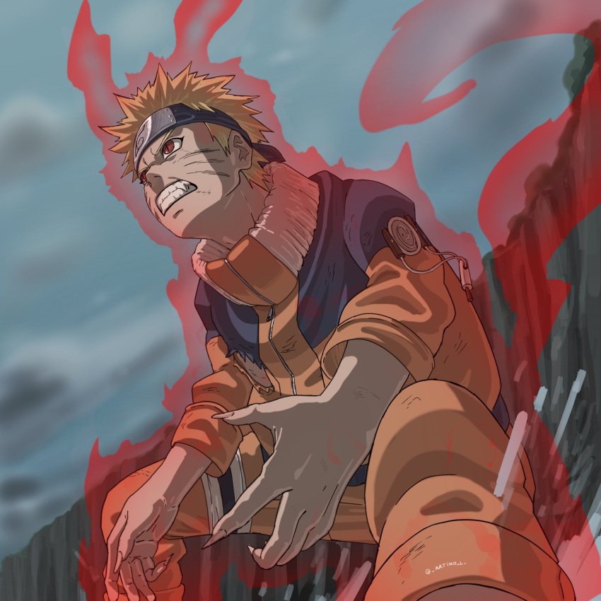 1boy, artino_l, blonde_hair, clenched_teeth, commentary, facial_mark, fangs, fingernails