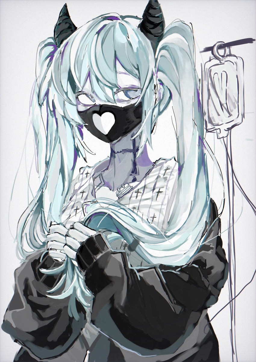 1girl, absurdres, averting_eyes, black_jacket, blue_hair, covered_mouth, cowboy_shot, hashtag-only_commentary