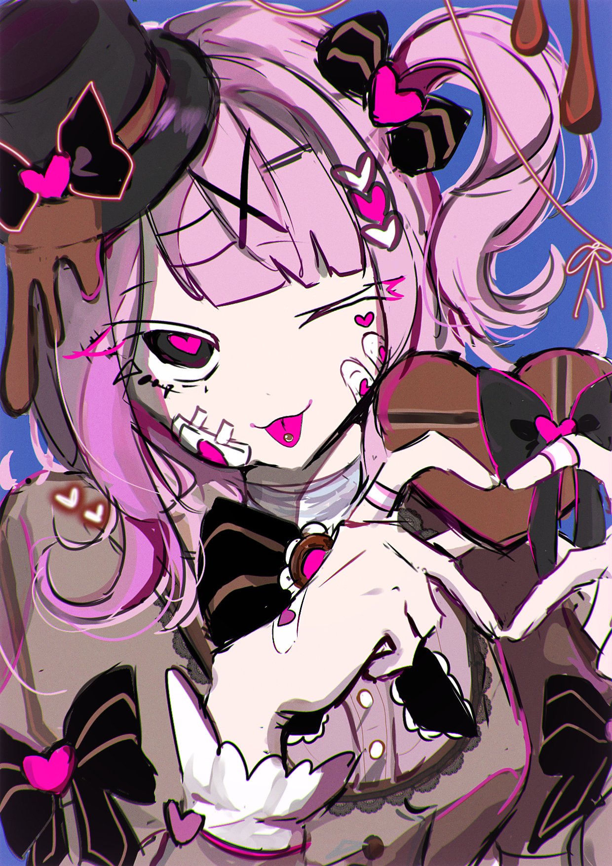 1girl, ;p, bandage_on_face, bandaged_neck, bandages, black_eyes, blunt_bangs, commentary_request