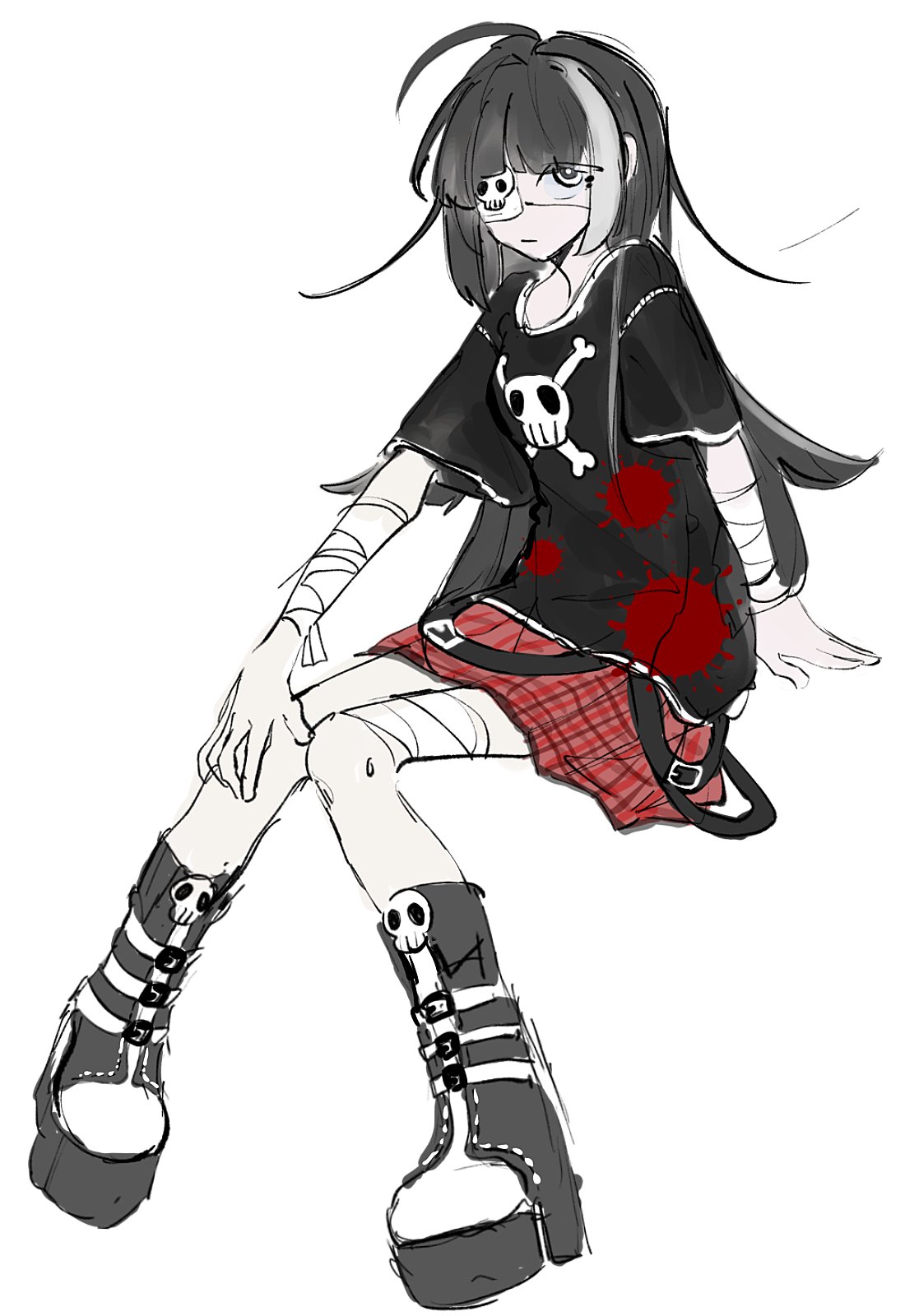 1girl, bandaged_arm, bandaged_leg, bandages, black_boots, black_hair, black_shirt, blood