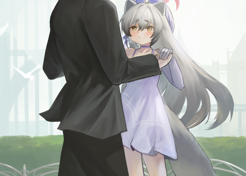 1boy, 1girl, animal_ears, blue_archive, commentary_request, dancing, dokomon, dress