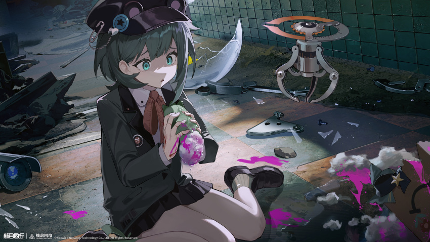 1girl, absurdres, animal_ear_headwear, black_hat, black_shoes, black_skirt, blazer, broken_stuffed_toy