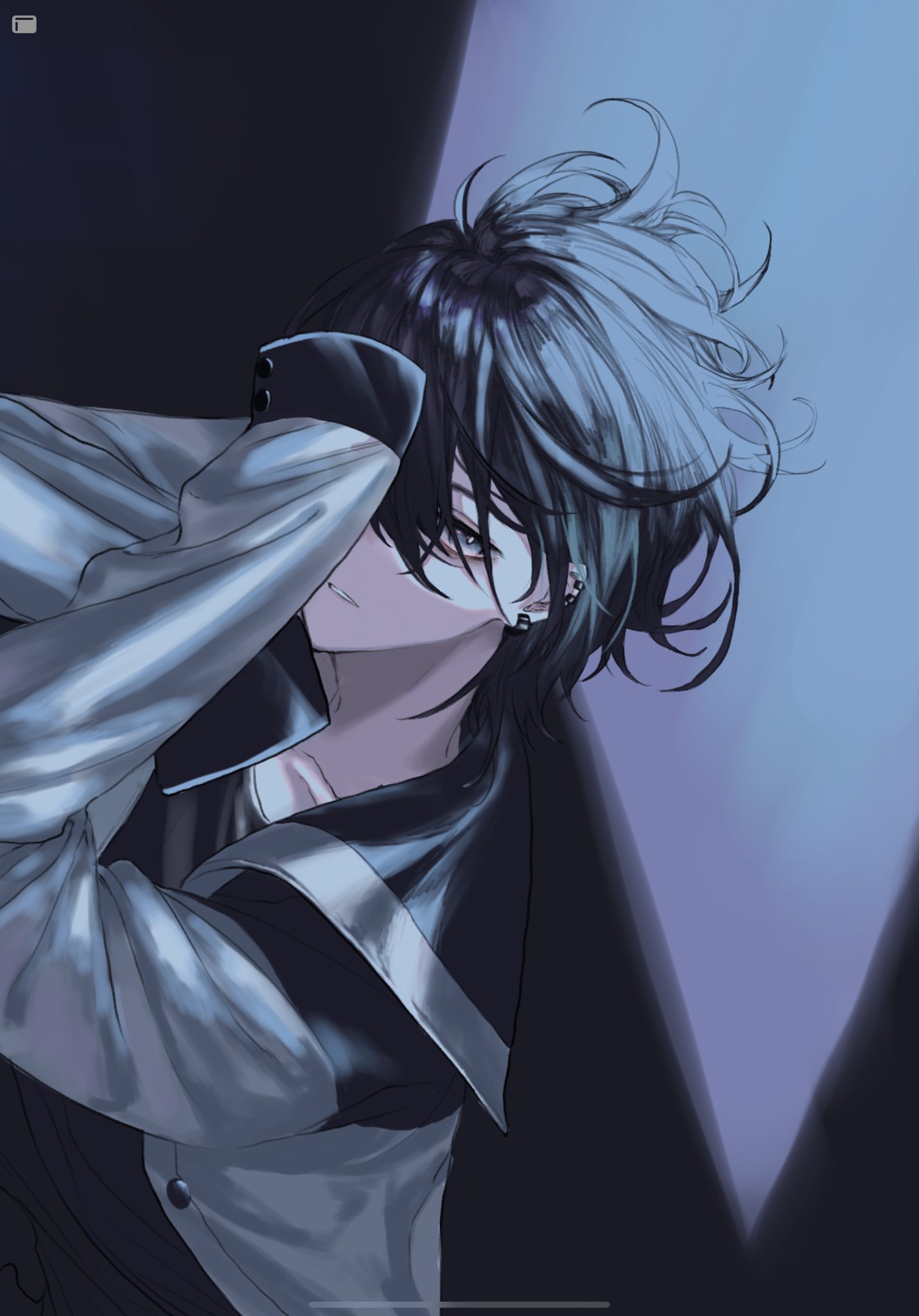 1boy, aqua_hair, aqua_streaks, bags_under_eyes, black_hair, black_jacket, black_shirt, blue_eyes