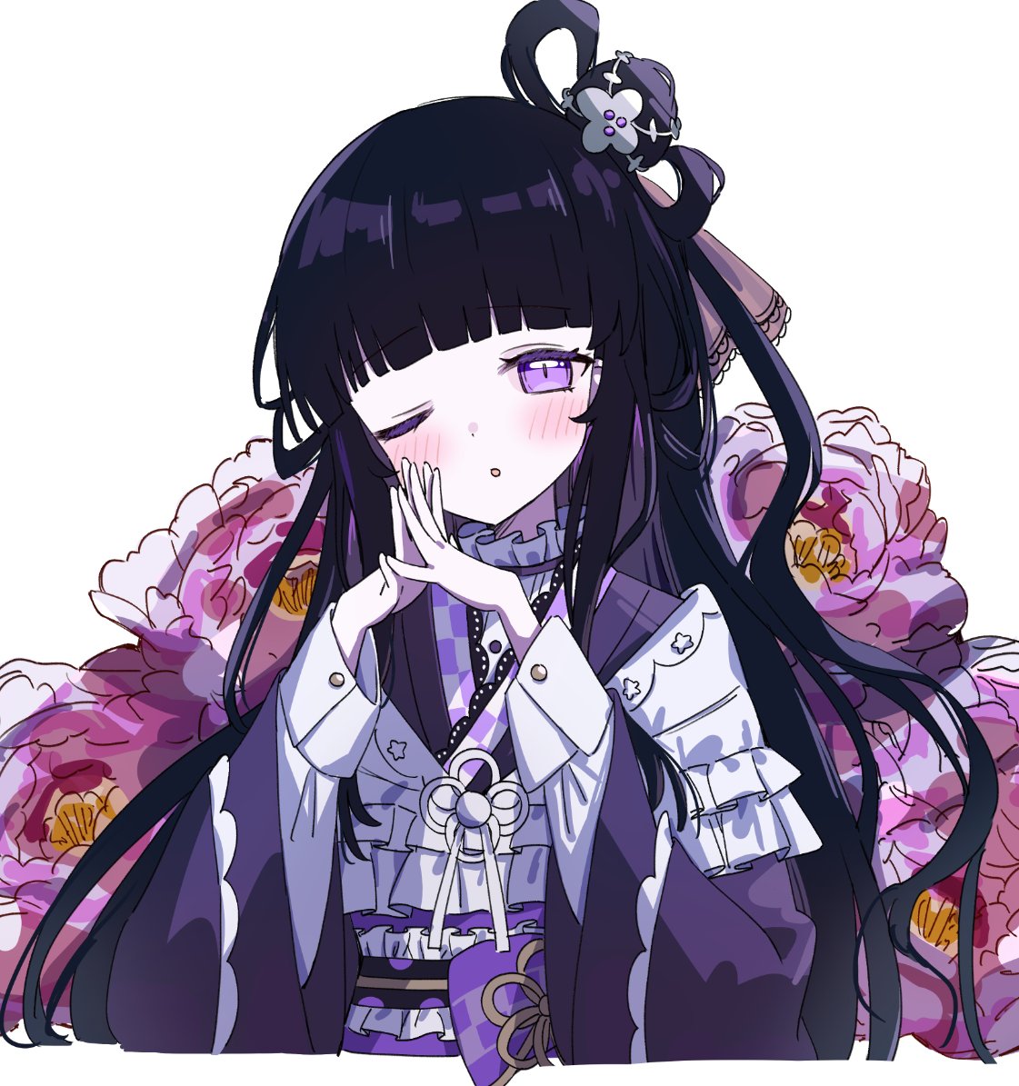 1girl, black_hair, blunt_bangs, commentary_request, floral_background, flower, hair_flower, hair_ornament