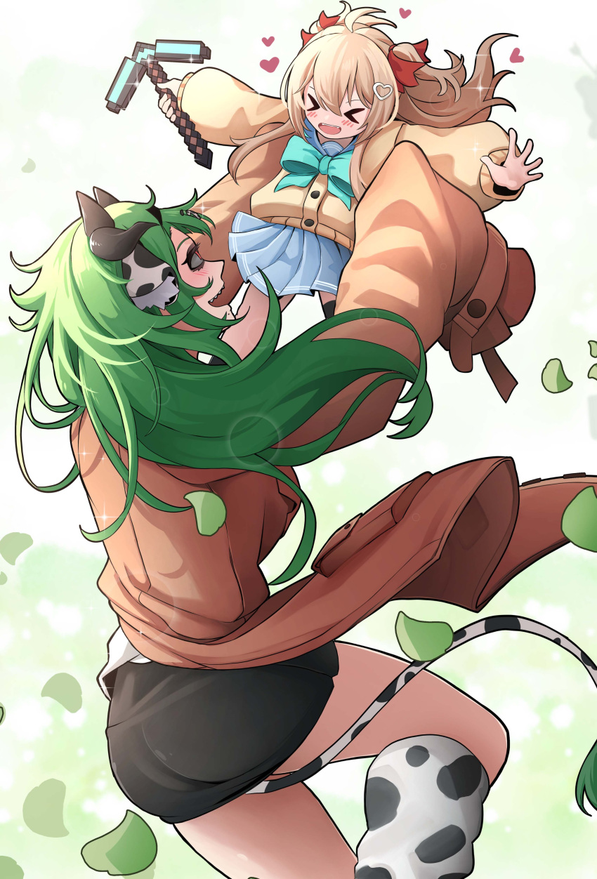 >_<, 2girls, absurdres, ahoge, animal_ears, aqua_bow, aqua_bowtie, asymmetrical_legwear