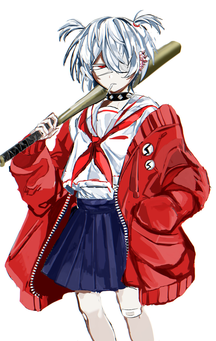 1girl, absurdres, baseball_bat, blue_skirt, chest_bow, choker, eyepatch, feet_out_of_frame