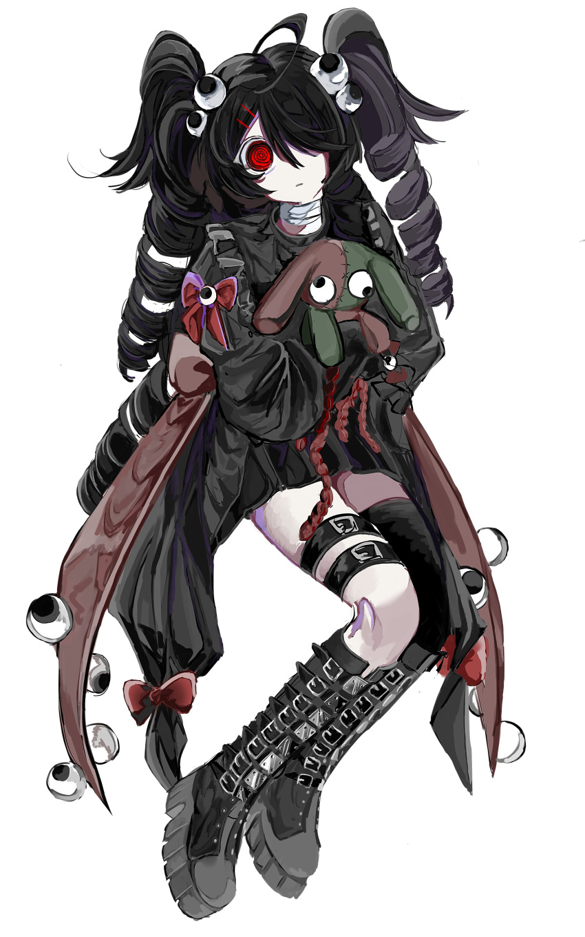 1girl, @_@, absurdres, ahoge, bandaged_neck, bandages, black_dress, black_hair, black_jacket, boots, dress, drill_hair, full_body, hair_over_one_eye, hashtag-only_commentary, head_tilt, highres, holding, holding_stuffed_toy, hugging_object, jacket, leg_belt, long_hair, looking_at_viewer, n_neko_mizu, original, platform_boots, red_eyes, single_thighhigh, solo, stuffed_toy, thigh-highs, twin_drills, zettai_ryouiki
