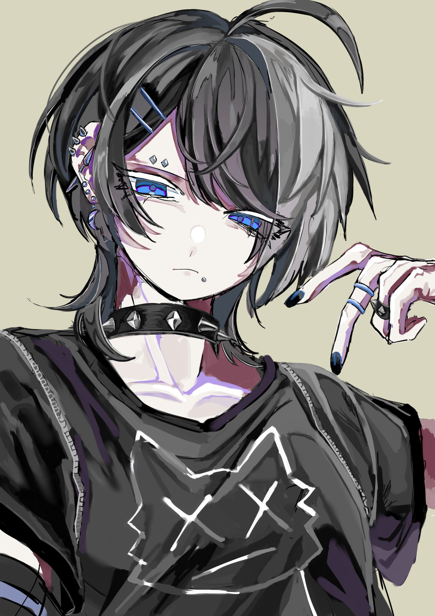1girl, :/, absurdres, ahoge, animal_print, arm_warmers, black_hair, black_nails