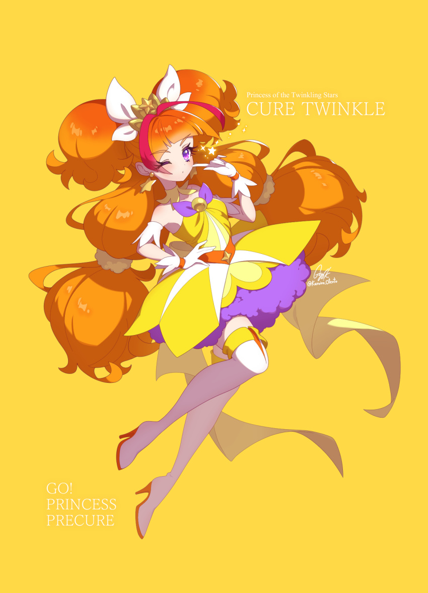 1girl, amanogawa_kirara, blush, character_name, closed_mouth, commentary_request, copyright_name, cure_twinkle, dot_mouth, dress, eyebrows_hidden_by_hair, finger_to_cheek, flat_chest, from_side, full_body, gloves, go!_princess_precure, hair_ribbon, hand_on_own_hip, high_heels, highres, kuroiro_otento, long_hair, looking_at_viewer, one_eye_closed, orange_hair, precure, ribbon, signature, solo, stiletto_heels, strapless, strapless_dress, thigh-highs, tiara, twintails, very_long_hair, violet_eyes, white_gloves, white_ribbon, white_thighhighs, yellow_background, yellow_dress