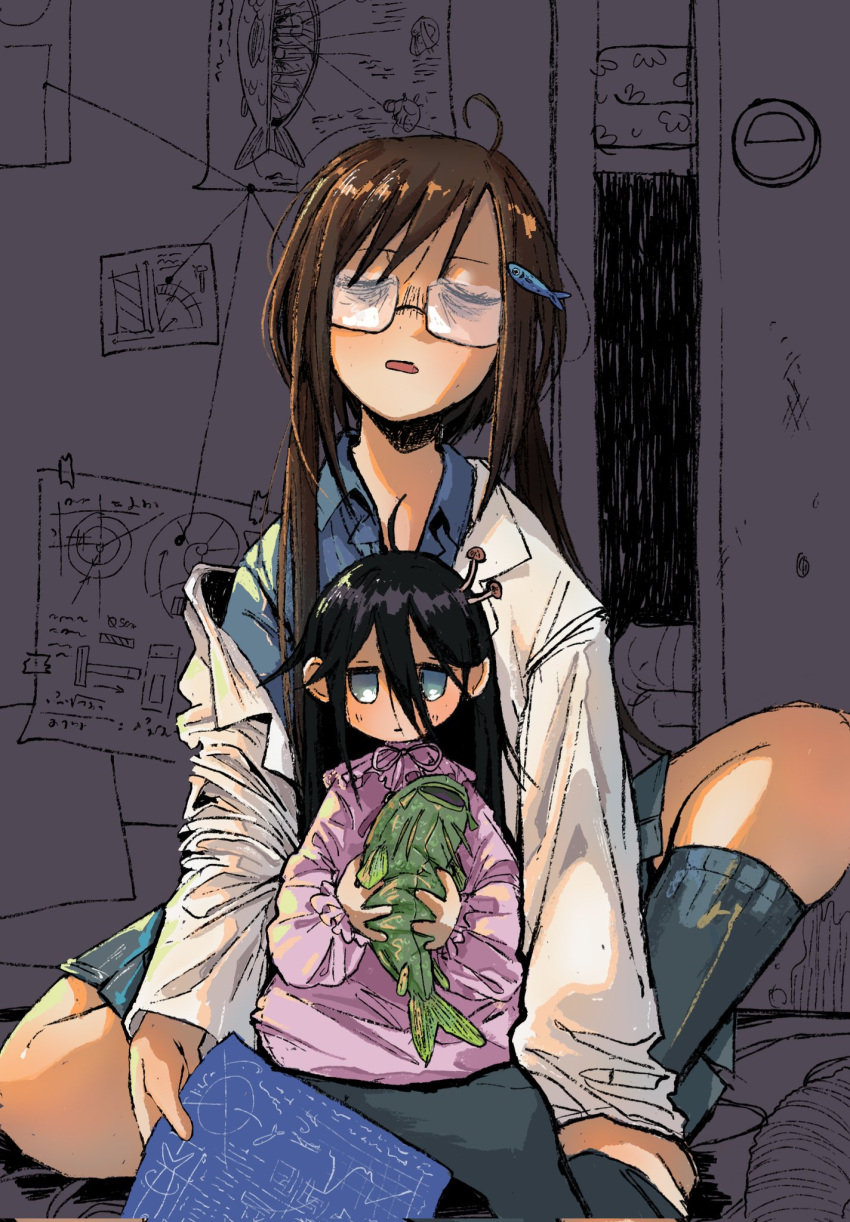 2girls, :o, :|, bags_under_eyes, black_hair, blue_eyes, blue_shirt, blueprint_(object)