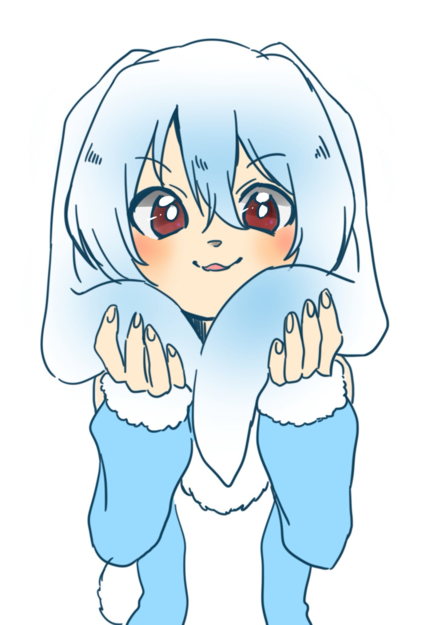 1boy, animal_ears, blue_hair, blue_leotard, blush, bodysuit, detached_sleeves, fingernails