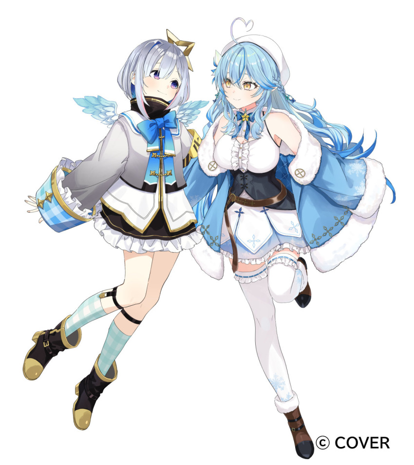 2girls, ahoge, aiguillette, amane_kanata, amane_kanata_(1st_costume), angel_wings, armband, belt