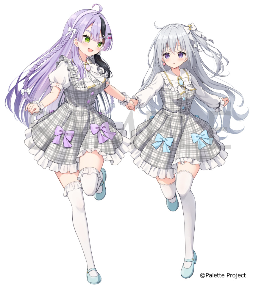 2girls, :d, :o, ahoge, alternate_costume, black_streaks, blue_bow, blue_shoes