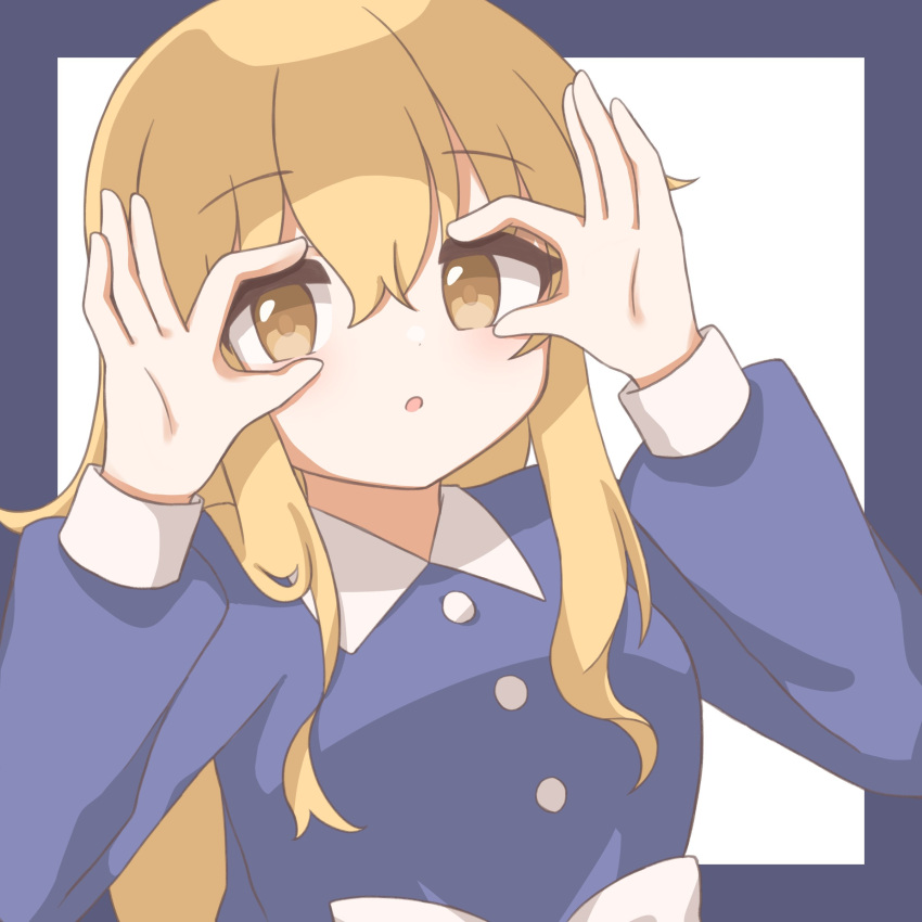 1girl, :o, absurdres, binocular_hands, blonde_hair, border, bow, buttons