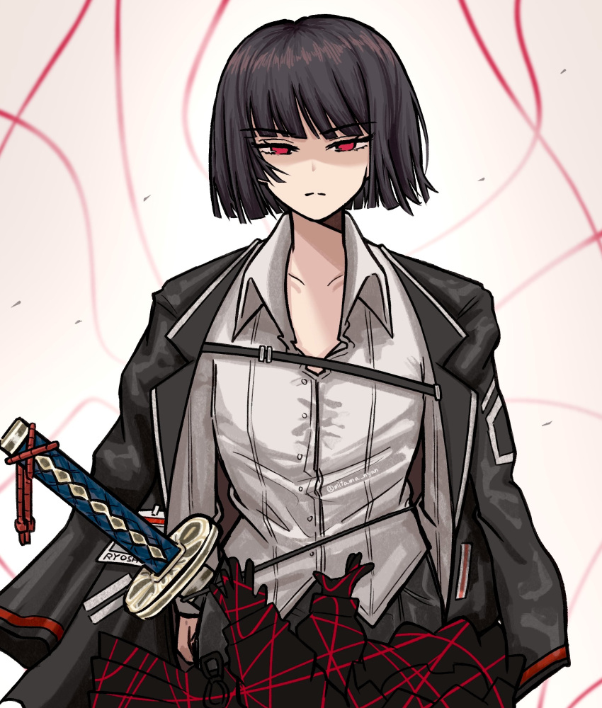 1girl, absurdres, black_hair, black_jacket, blunt_bangs, blunt_ends, collared_shirt, commentary
