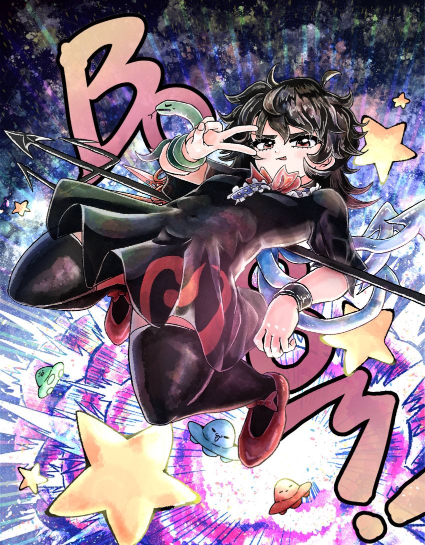 !, >:), >:p, 1girl, asymmetrical_hair, asymmetrical_wings, black_dress, black_hair