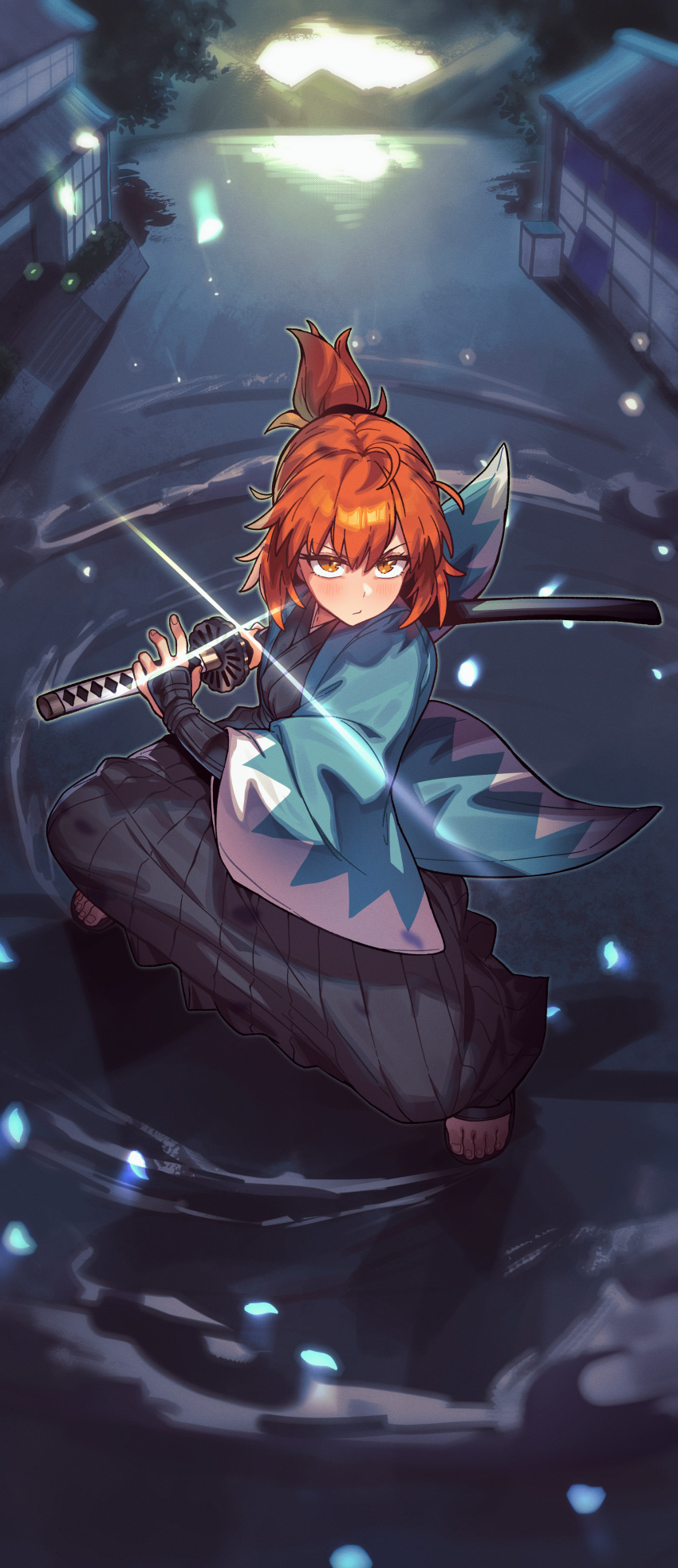 1girl, absurdres, arm_guards, black_hakama, black_scarf, blue_haori, breasts, drawing_sword