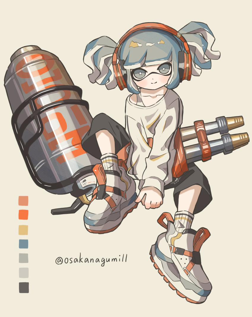 1girl, artist_name, black_pants, blue_eyes, blue_hair, bright_pupils, closed_mouth, color_guide, commentary_request, full_body, headphones, highres, hydra_splatling_(splatoon), inkling, inkling_girl, inkling_player_character, looking_at_viewer, osakanagumi11, pants, shirt, shoes, sitting, smile, solo, splatoon_(series), star-shaped_pupils, star_(symbol), symbol-shaped_pupils, tentacle_hair, twitter_username, white_background, white_pupils, white_shirt