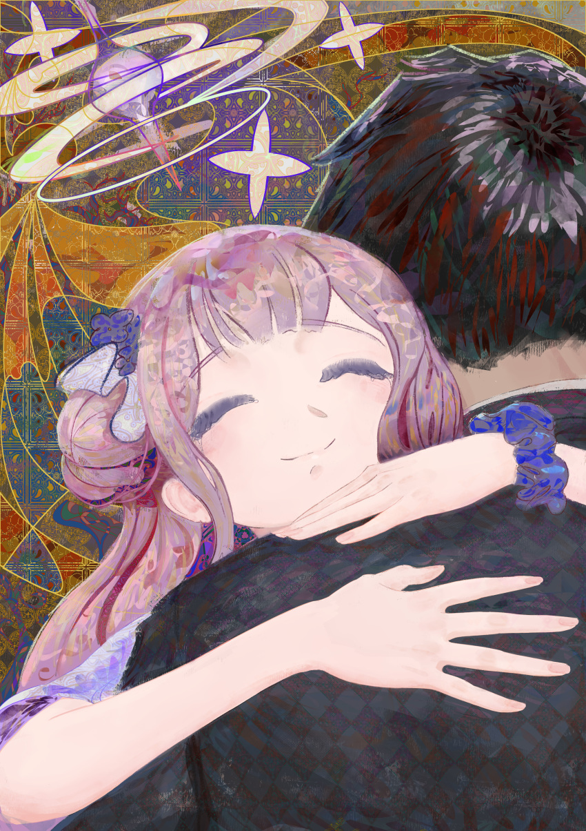 1boy, 1girl, abstract_background, absurdres, artstyle_request, black_hair, black_shirt, blue_archive, blue_scrunchie, closed_eyes, closed_mouth, commentary, flower, hair_bun, hair_flower, hair_ornament, halo, highres, hug, jpmc, latin_commentary, long_hair, mika_(blue_archive), pink_hair, pink_halo, scrunchie, sensei_(blue_archive), shirt, single_side_bun, smile, wrist_scrunchie