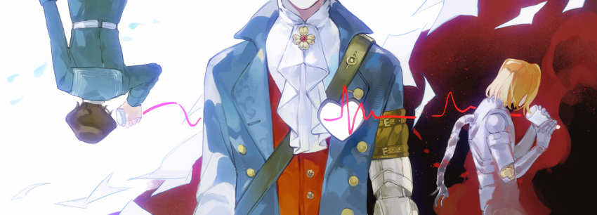 3boys, absurdres, ascot, blonde_hair, blue_coat, brown_hair, buttons, carlo_(lies_of_p)