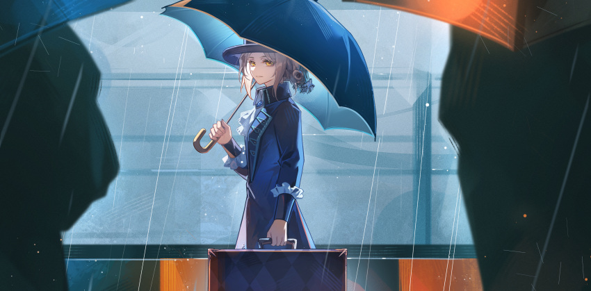 1girl, absurdres, ascot, black_coat, black_hat, black_umbrella, boater_hat, closed_mouth