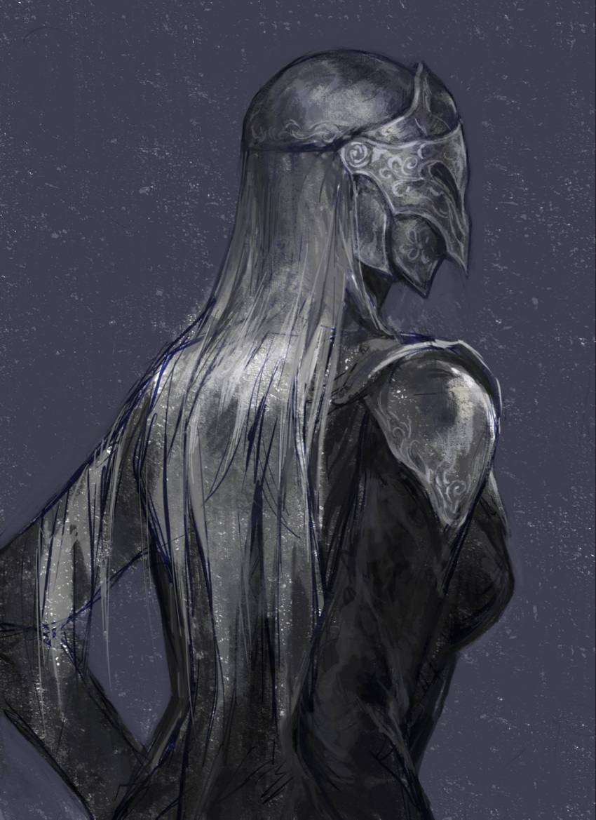 1girl, black_background, covered_face, dark_souls_(series), dark_souls_iii, facing_away, from_behind, grey_hair