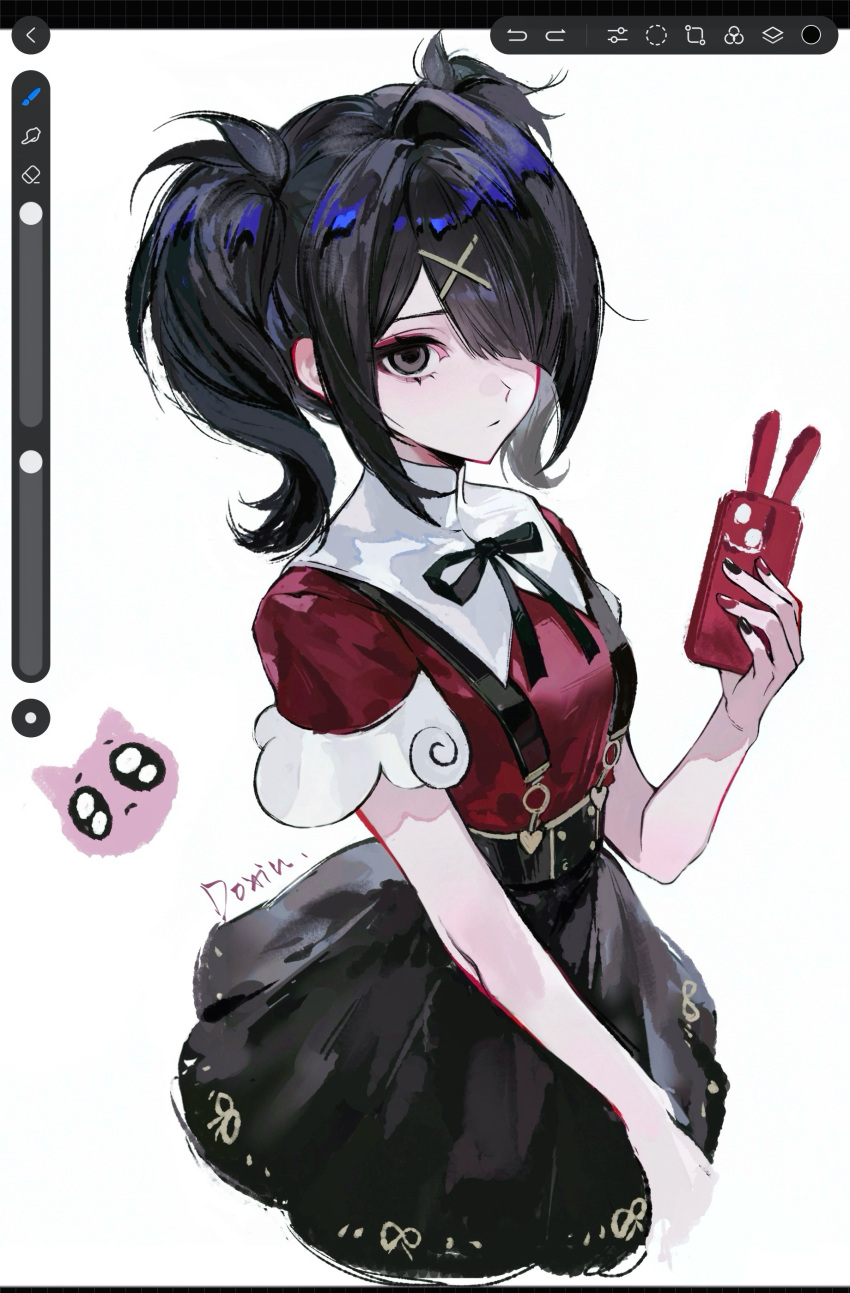 1girl, absurdres, ame-chan_(needy_girl_overdose), art_program_in_frame, black_eyes, black_hair, black_nails, black_skirt