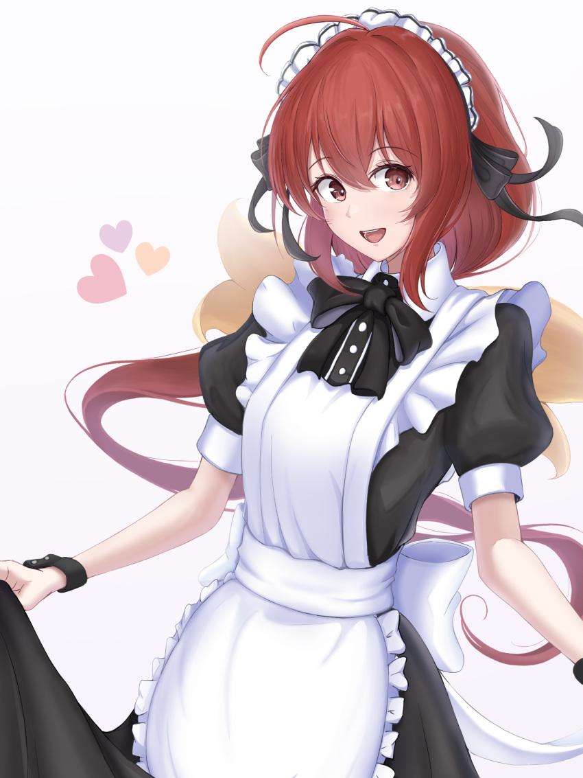 1girl, ahoge, alternate_costume, apron, black_dress, bow, dress, enmaided