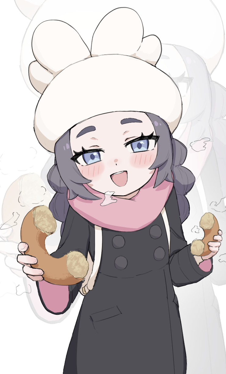 1girl, :d, ansha_(pokemon), black_coat, blush, breath, coat, commentary