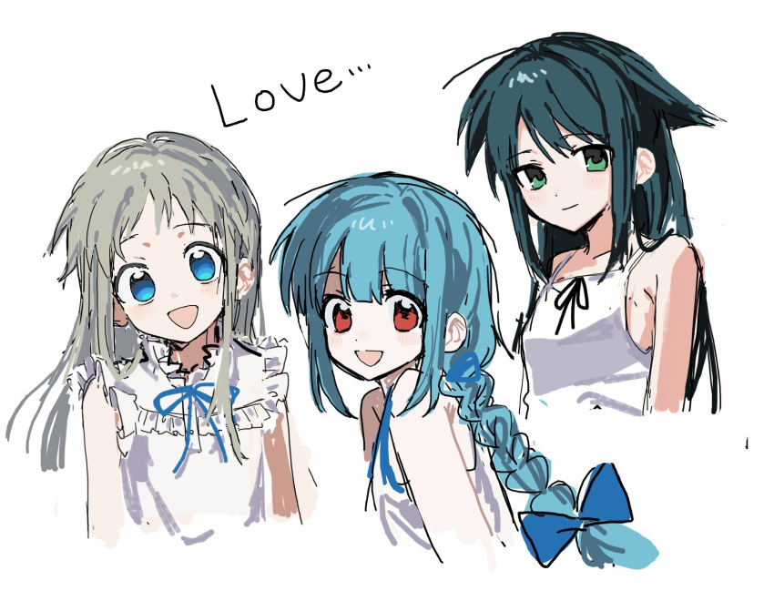 3girls, :d, ano_hi_mita_hana_no_namae_wo_bokutachi_wa_mada_shiranai., aqua_hair, black_ribbon, blue_bow, blue_eyes, blue_hair, blue_ribbon, bow, braid, commentary_request, cropped_torso, dress, english_text, green_eyes, grey_hair, hair_bow, hair_flaps, highres, honma_meiko, long_braid, long_hair, looking_at_viewer, multiple_girls, neck_ribbon, ozui_(ozuizui), red_eyes, ribbon, saya_(saya_no_uta), saya_no_uta, smile, ushirono_natsu, white_dress, zeno_(game)