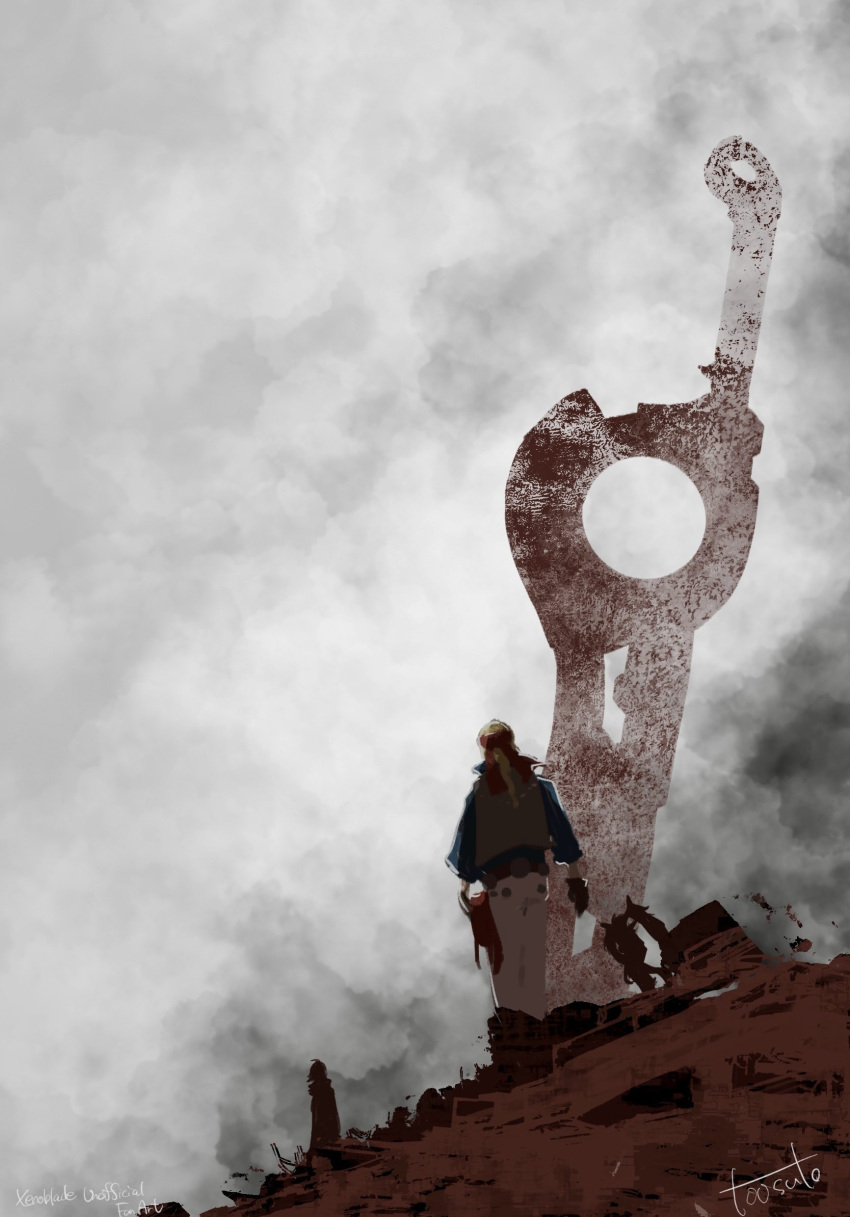 2boys, artist_name, commentary_request, copyright_name, dickson_(xenoblade), english_text, grey_sky, highres