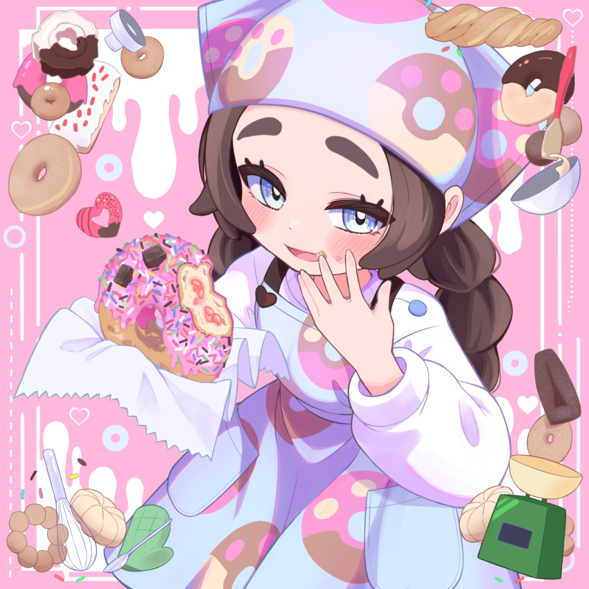 1girl, :d, ansha_(pokemon), apron, blue_apron, blue_eyes, blush, brown_hair