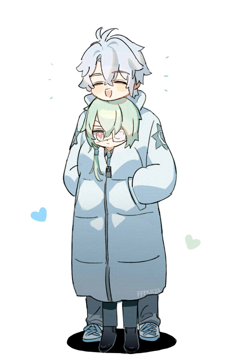 2boys, anaxa_(honkai:_star_rail), black_shoes, closed_eyes, coat, commentary_request, eyepatch, frown