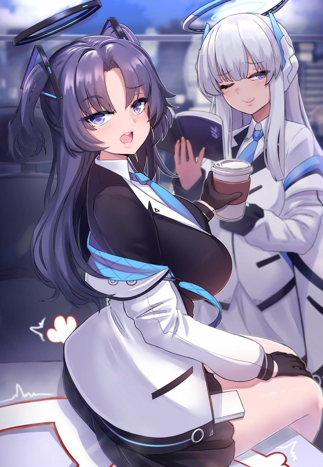 1boy, 2girls, black_gloves, black_jacket, black_skirt, blue_archive, blue_necktie, blurry, blurry_background, book, breasts, clouds, cloudy_sky, coffee, collared_shirt, commentary_request, crushed, cup, doodle_sensei_(blue_archive), english_commentary, gloves, hair_ornament, halo, highres, holding, holding_book, holding_cup, jacket, jacket_partially_removed, kazukoto, long_hair, looking_at_viewer, mechanical_halo, millennium_science_school_logo, mixed-language_commentary, multiple_girls, necktie, noa_(blue_archive), on_table, one_eye_closed, open_mouth, pleated_skirt, purple_hair, sensei_(blue_archive), shirt, sitting, sitting_on_table, skirt, sky, table, triangle_hair_ornament, twitching, two_side_up, violet_eyes, white_hair, white_jacket, white_shirt, white_skirt, yuuka_(blue_archive)