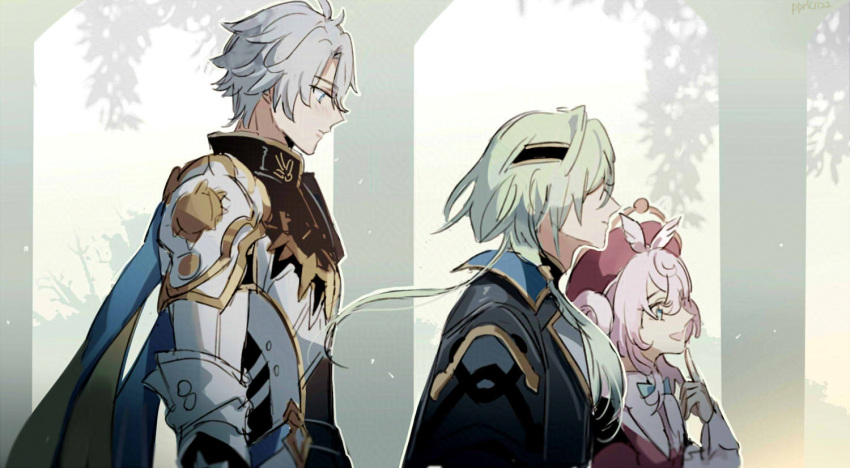 1girl, 2boys, anaxa_(honkai:_star_rail), arch, armor, black_hairband, black_jacket, blue_cape