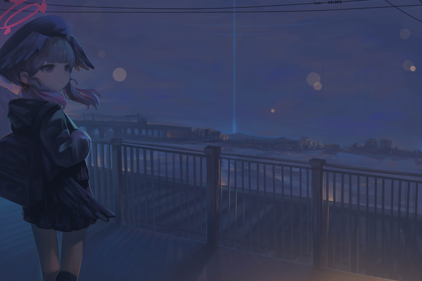 1girl, backpack, bag, beret, black_hat, black_shirt, black_skirt, black_wings
