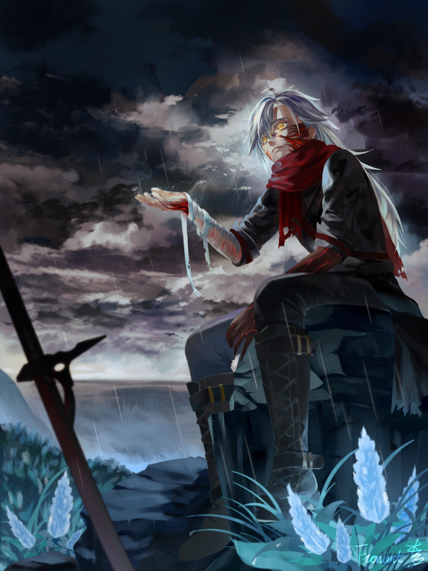1boy, arm_up, bandaged_arm, bandages, black_boots, black_pants, blue_flower, boots, clouds, commentary, dark_cloud, eiyuu_densetsu, english_commentary, flower, froment, glowing_flower, grass, hajimari_no_kiseki, highres, ishmelga_rean, long_hair, looking_ahead, male_focus, on_rock, outdoors, pants, rain, rean_schwarzer, red_scarf, scarf, signature, sitting, solo, white_hair, yellow_eyes