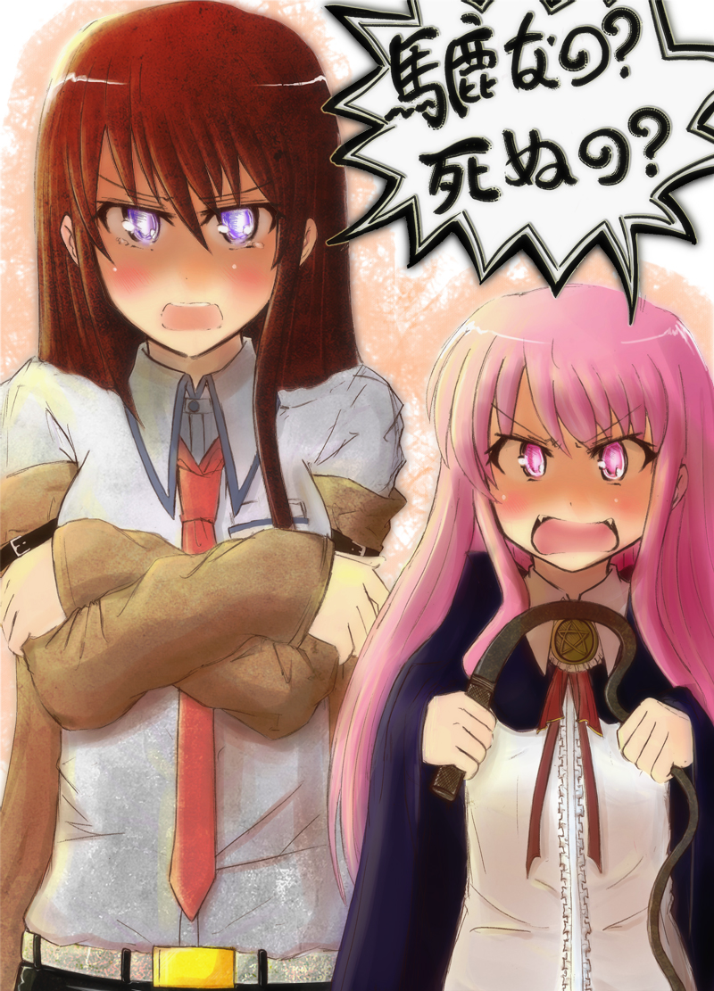 angry, brown_hair, cape, crossed_arms, crossover, fangs, kc_(babyface11922), long_hair, louise_francoise_le_blanc_de_la_valliere, makise_kurisu, multiple_girls, pentacle, pink_eyes, pink_hair, purple_eyes, steins;gate, trait_connection, translated, tsundere, violet_eyes, whip, zero_no_tsukaima