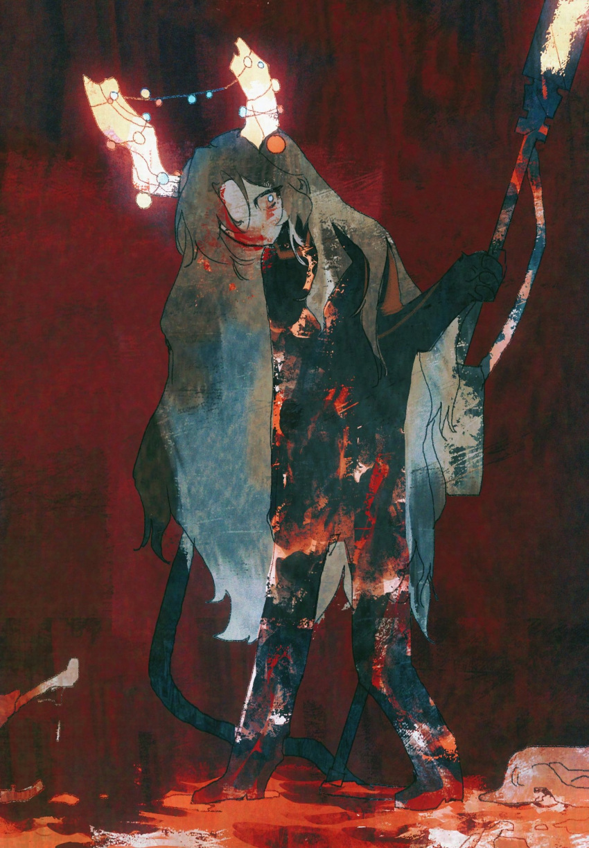 1girl, blood, blood_on_face, blue_eyes, brown_hair, full_body, glowing_horns, gq40415378
