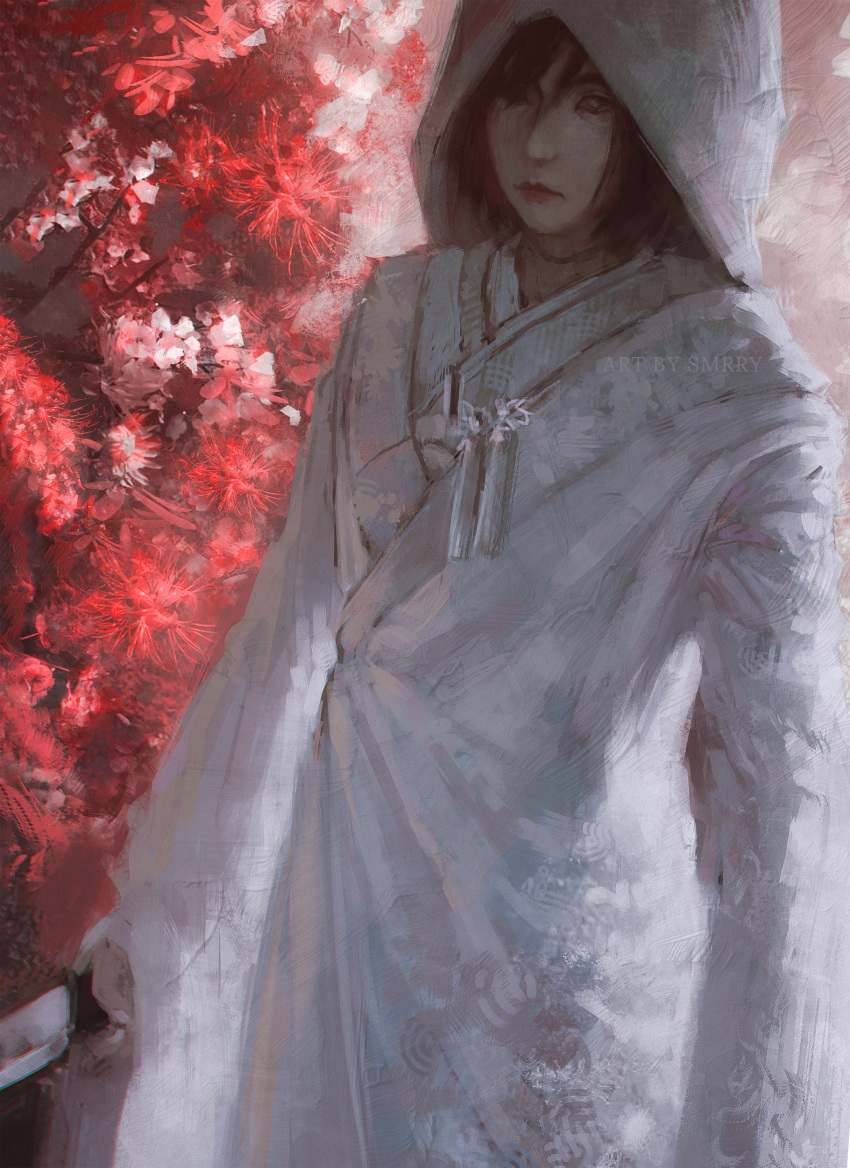 1girl, absurdres, artist_name, black_hair, bloodexer, closed_mouth, commentary, flower
