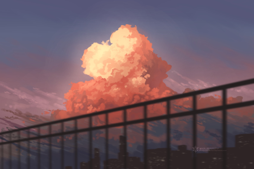 blue_sky, blurry, blurry_foreground, city, clouds, commentary, depth_of_field, english_commentary