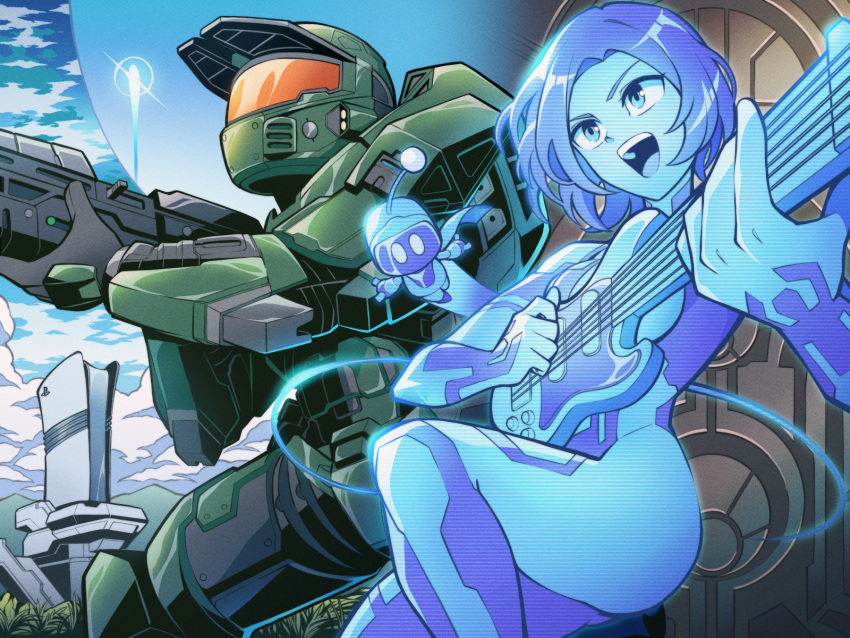 1boy, 1girl, armor, assault_rifle, astro_bot, astro_bot_(series), blue_eyes, blue_hair