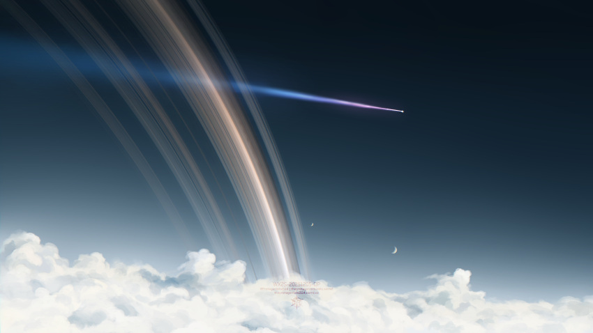above_clouds, clouds, commentary, english_commentary, grey_sky, highres, meteor, multiple_moons