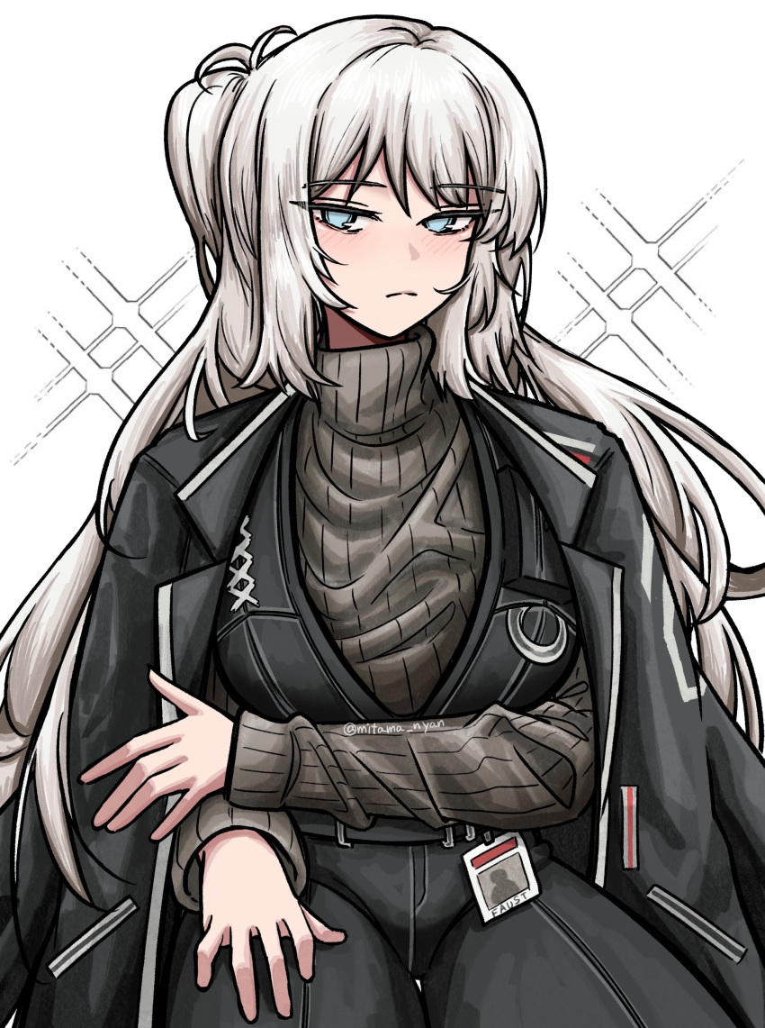 1girl, absurdres, alternate_hair_length, alternate_hairstyle, black_jacket, blue_eyes, closed_mouth, commentary