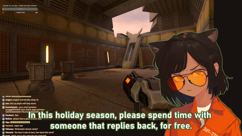 1girl, absurdres, animal_ears, cat_ears, chat_log, coco_(polilla), english_commentary, english_text, extra_ears, fang, highres, livestream, orange-tinted_eyewear, original, playing_games, playing_video_games, polilla, polivia, prison, prison_clothes, quake_(series), quake_2, round_eyewear, short_hair, sunglasses, sweat, tinted_eyewear, video_game