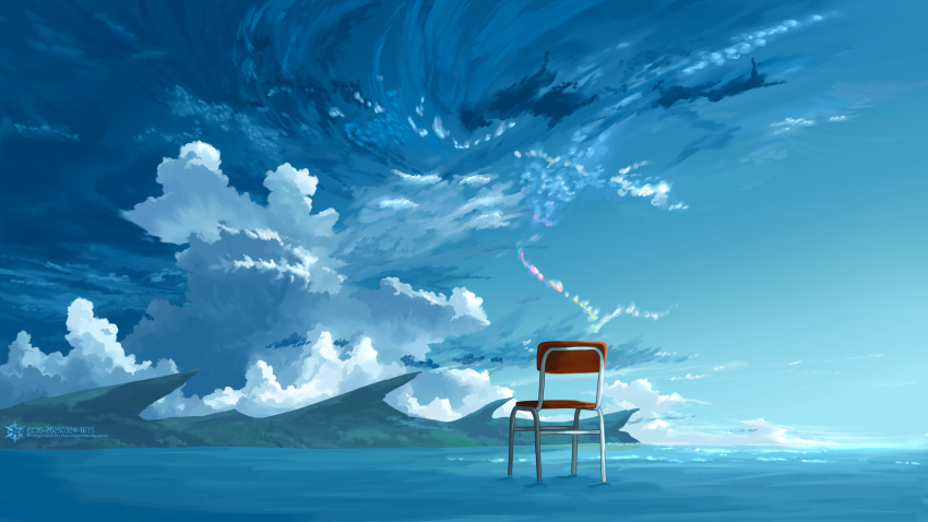blue_sky, chair, clouds, cloudy_sky, commentary, day, english_commentary, highres